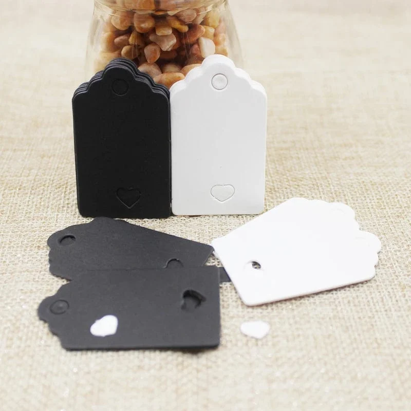 100 stücke + 100 hanf string 5*3cm neue stil rechteckigen schwarz/Kraft Papier Leere Karte Hand ziehen Geschenk Label Tags Herz