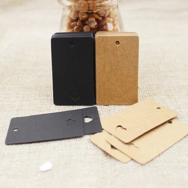 100 stücke + 100 hanf string 5*3cm neue stil rechteckigen schwarz/Kraft Papier Leere Karte Hand ziehen Geschenk Label Tags Herz