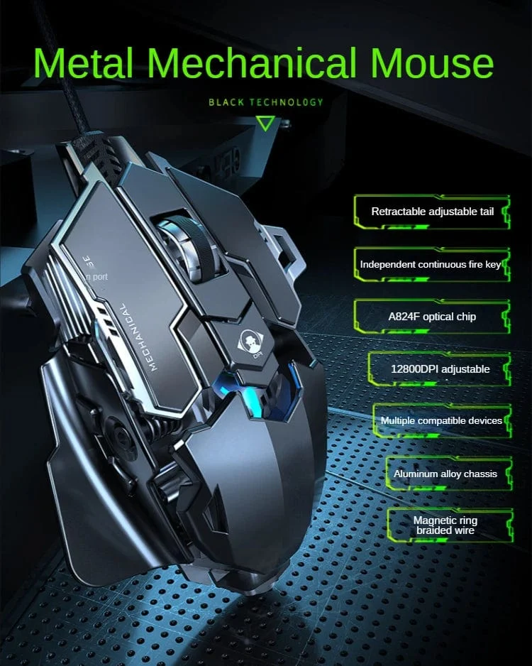 Neue mechanische kabelgebundene Gaming-Maus mit 9 Tasten Makrodefinition, 12800 DPI, farbige Hintergrundbeleuchtung, Spiel-Player, Computerperipheriegerät für Windows-PC