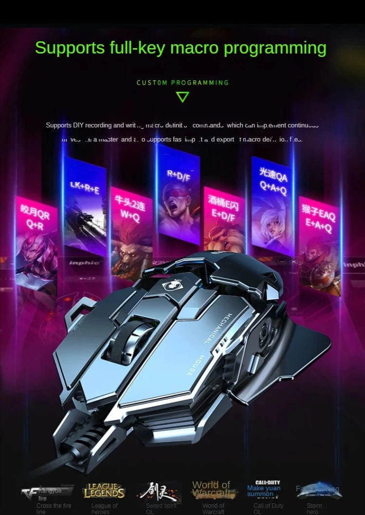 Neue mechanische kabelgebundene Gaming-Maus mit 9 Tasten Makrodefinition, 12800 DPI, farbige Hintergrundbeleuchtung, Spiel-Player, Computerperipheriegerät für Windows-PC