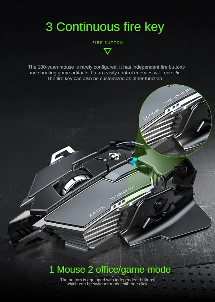 Neue mechanische kabelgebundene Gaming-Maus mit 9 Tasten Makrodefinition, 12800 DPI, farbige Hintergrundbeleuchtung, Spiel-Player, Computerperipheriegerät für Windows-PC