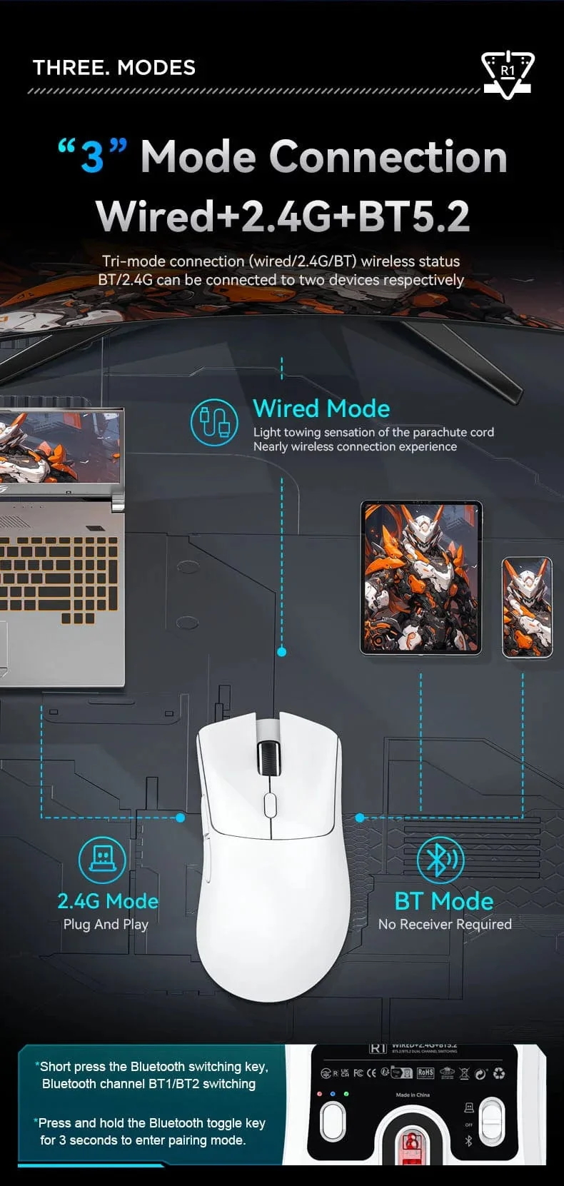 Attack Shark R1 Bluetooth-Maus, 18000 dpi, PAW3311, kabellose Tri-Mode-Verbindung, Makro-Gaming-Maus
