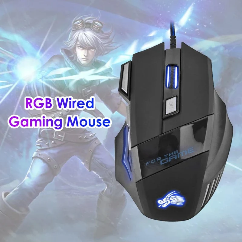 Kabelgebundene Gaming-Maus, 7-farbige Hintergrundbeleuchtung, 5500 DPI, einstellbar, schwarz, kabelgebundene optische Computer-Gaming-Mäuse für PC-Gamer, Computer-Desktop