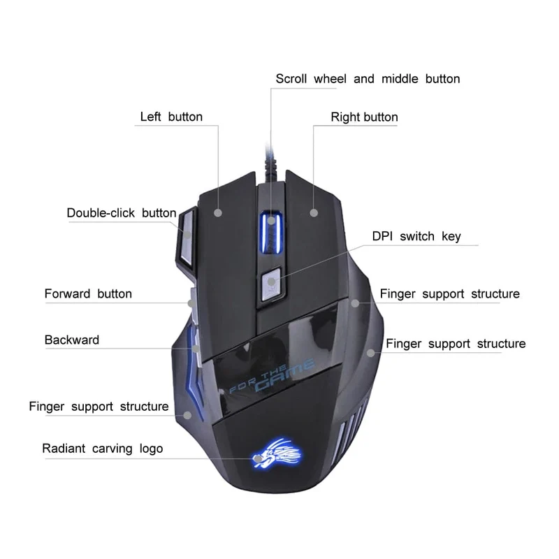 Kabelgebundene Gaming-Maus, 7-farbige Hintergrundbeleuchtung, 5500 DPI, einstellbar, schwarz, kabelgebundene optische Computer-Gaming-Mäuse für PC-Gamer, Computer-Desktop