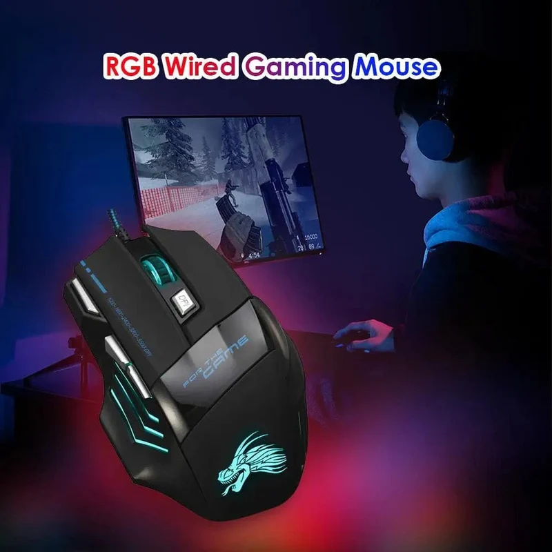 Kabelgebundene Gaming-Maus, 7-farbige Hintergrundbeleuchtung, 5500 DPI, einstellbar, schwarz, kabelgebundene optische Computer-Gaming-Mäuse für PC-Gamer, Computer-Desktop