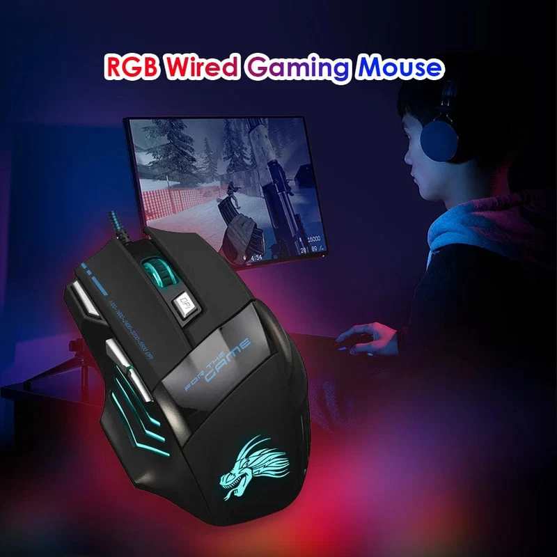 Kabelgebundene Gaming-Maus, 7-farbige Hintergrundbeleuchtung, 5500 DPI, einstellbar, schwarz, kabelgebundene optische Computer-Gaming-Mäuse für PC-Gamer, Computer-Desktop
