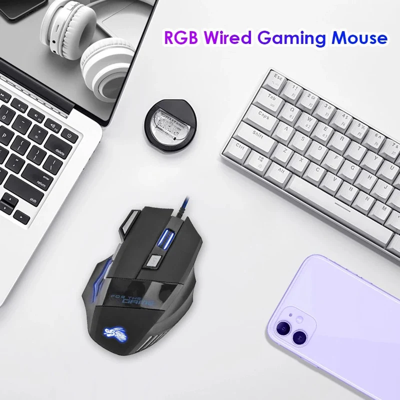 Kabelgebundene Gaming-Maus, 7-farbige Hintergrundbeleuchtung, 5500 DPI, einstellbar, schwarz, kabelgebundene optische Computer-Gaming-Mäuse für PC-Gamer, Computer-Desktop