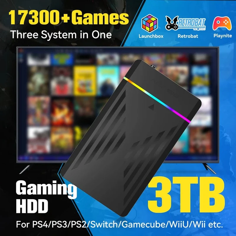 Tragbare Gaming-Festplatte mit 3 TB, LaunchBox/Retrobat/Playnite Retro-Spielekonsole mit über 17300 AAA-/3D-/Retro-Spielen für PS4/PS3/PS2/Switch/Wii
