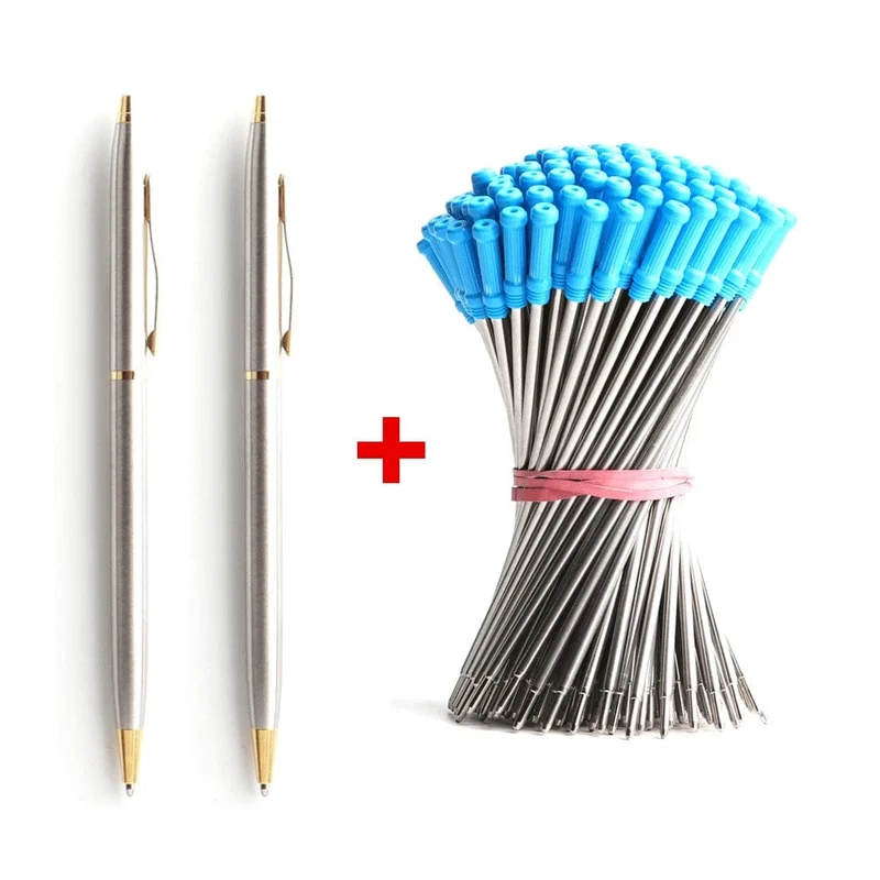 2 + 20 Teile/satz Metall Kugelschreiber Mit Minen Für Schule Büro Edelstahl Material Kugelschreiber Schwarz Blau Refill Tinte
