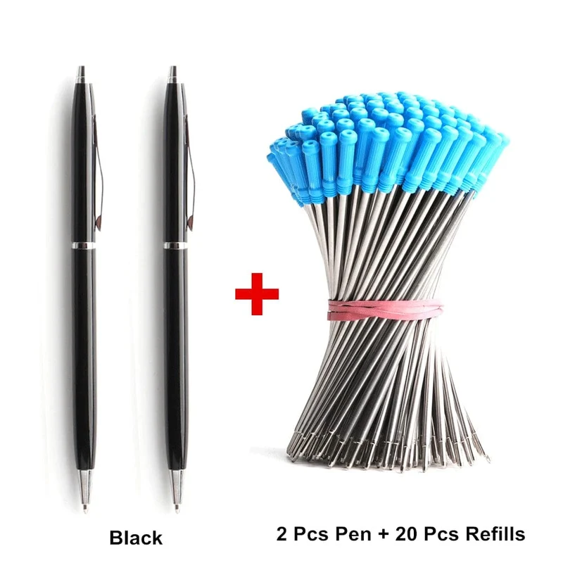 2 + 20 Teile/satz Metall Kugelschreiber Mit Minen Für Schule Büro Edelstahl Material Kugelschreiber Schwarz Blau Refill Tinte