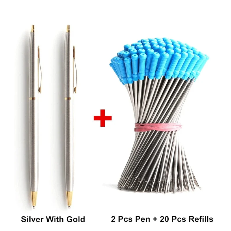 2 + 20 Teile/satz Metall Kugelschreiber Mit Minen Für Schule Büro Edelstahl Material Kugelschreiber Schwarz Blau Refill Tinte