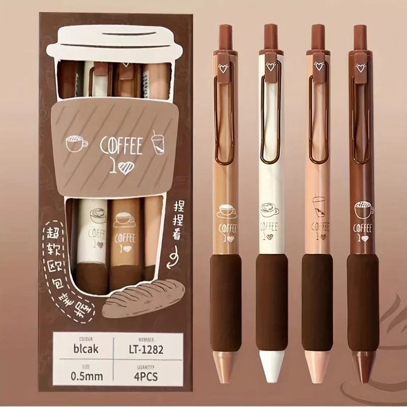 4 Stück süßes Kawaii-Gelstift-Set mit Kaffee- und Brotgeschmack, 0.5 mm, schwarze Tinte zum Schreiben von Büro- und Schulschreibwaren