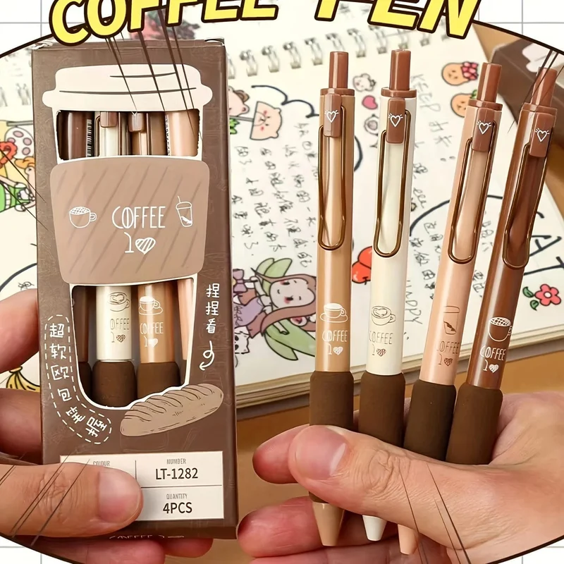 4 Stück süßes Kawaii-Gelstift-Set mit Kaffee- und Brotgeschmack, 0.5 mm, schwarze Tinte zum Schreiben von Büro- und Schulschreibwaren