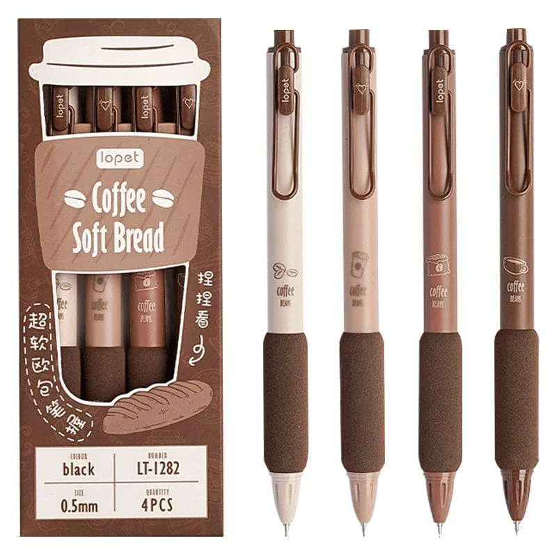 4 Stück süßes Kawaii-Gelstift-Set mit Kaffee- und Brotgeschmack, 0.5 mm, schwarze Tinte zum Schreiben von Büro- und Schulschreibwaren