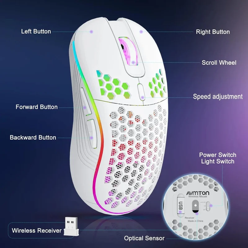 2.4G Kabellose Gaming-Maus, RGB-Beleuchtung, Lademaus mit einstellbarer DPI, ergonomisches Wabendesign für Desktop-Laptop