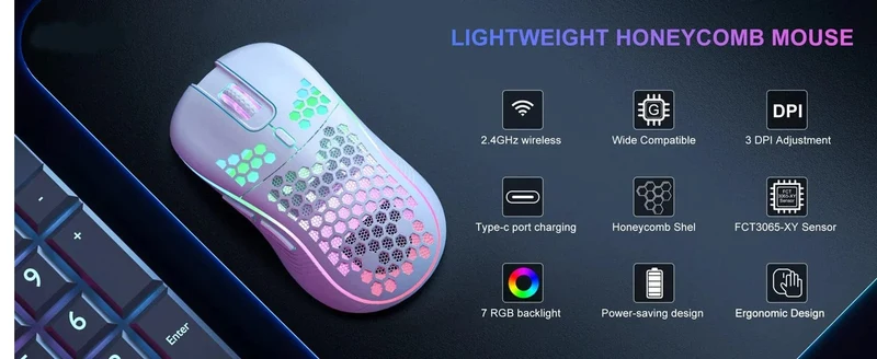 2.4G Kabellose Gaming-Maus, RGB-Beleuchtung, Lademaus mit einstellbarer DPI, ergonomisches Wabendesign für Desktop-Laptop