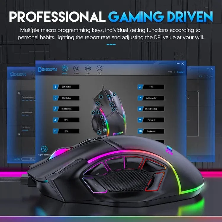 12800DPI Freigewicht-Makro-RGB-Gaming-Maus 12 programmierbare Tasten Spielmaus RGB-Licht Max bis zu 6 Stufen Für PC Mac Gun PUBG Laptop