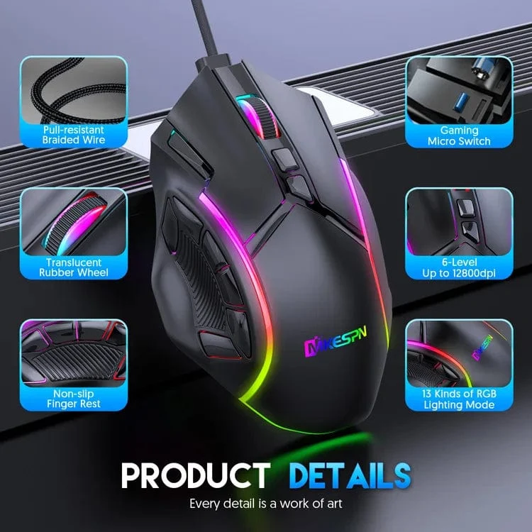 12800DPI Freigewicht-Makro-RGB-Gaming-Maus 12 programmierbare Tasten Spielmaus RGB-Licht Max bis zu 6 Stufen Für PC Mac Gun PUBG Laptop