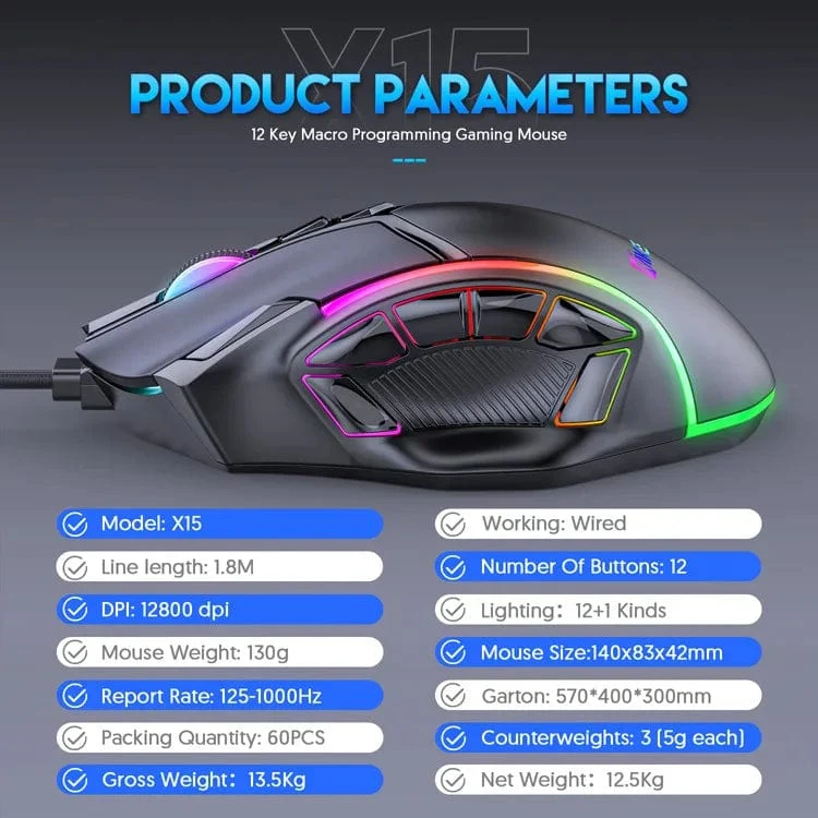12800DPI Freigewicht-Makro-RGB-Gaming-Maus 12 programmierbare Tasten Spielmaus RGB-Licht Max bis zu 6 Stufen Für PC Mac Gun PUBG Laptop