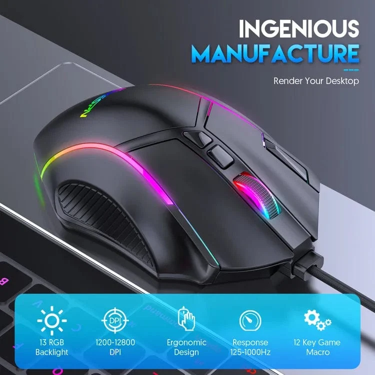 12800DPI Freigewicht-Makro-RGB-Gaming-Maus 12 programmierbare Tasten Spielmaus RGB-Licht Max bis zu 6 Stufen Für PC Mac Gun PUBG Laptop