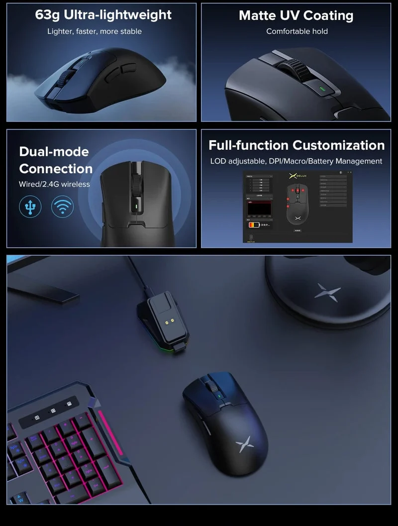 Delux M900PRO Kabellose Gaming-Maus, ergonomisch, 8K-Abfragerate, PAW3395, 63 g, magnetische RGB-Ladestation für PC-Gamer mit rechter großer Hand