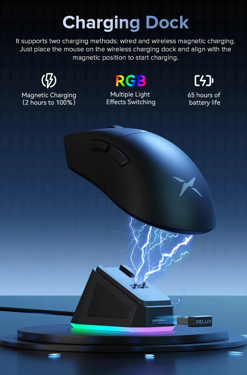Delux M900PRO Kabellose Gaming-Maus, ergonomisch, 8K-Abfragerate, PAW3395, 63 g, magnetische RGB-Ladestation für PC-Gamer mit rechter großer Hand