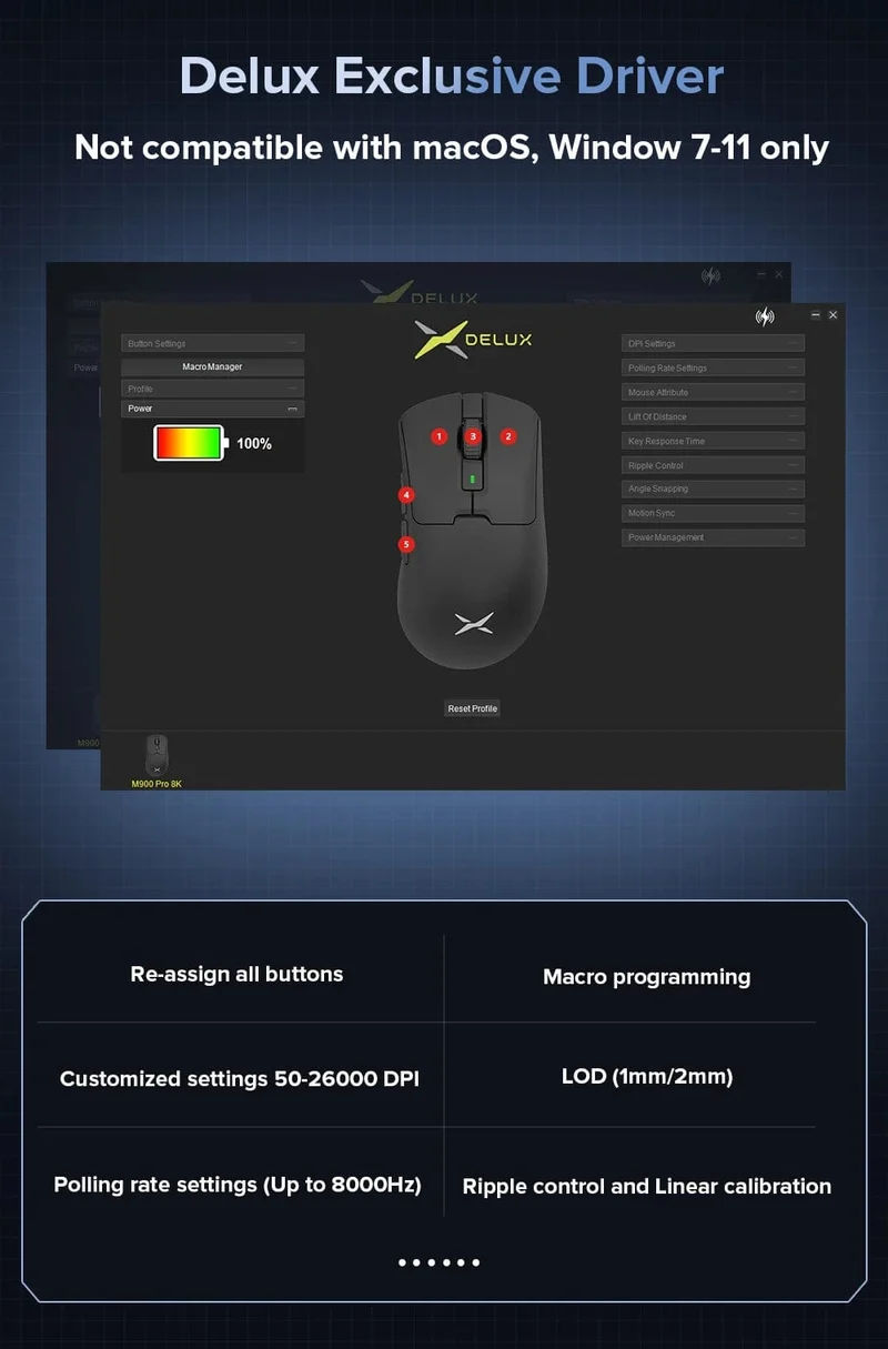 Delux M900PRO Kabellose Gaming-Maus, ergonomisch, 8K-Abfragerate, PAW3395, 63 g, magnetische RGB-Ladestation für PC-Gamer mit rechter großer Hand