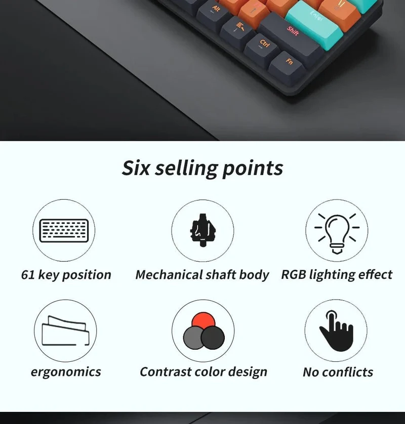 MUCAI MKA610 USB Mini Mechanische Gaming-Tastatur mit Kabel, roter Schalter, 61 Tasten, Gamer für Computer, PC, Laptop, abnehmbares Kabel