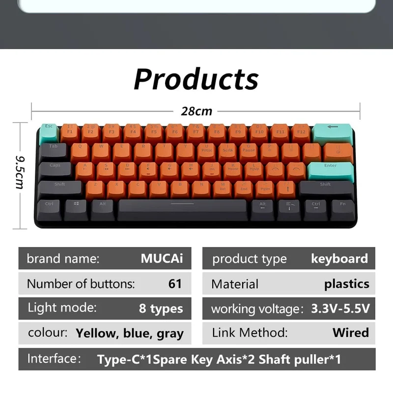 MUCAI MKA610 USB Mini Mechanische Gaming-Tastatur mit Kabel, roter Schalter, 61 Tasten, Gamer für Computer, PC, Laptop, abnehmbares Kabel