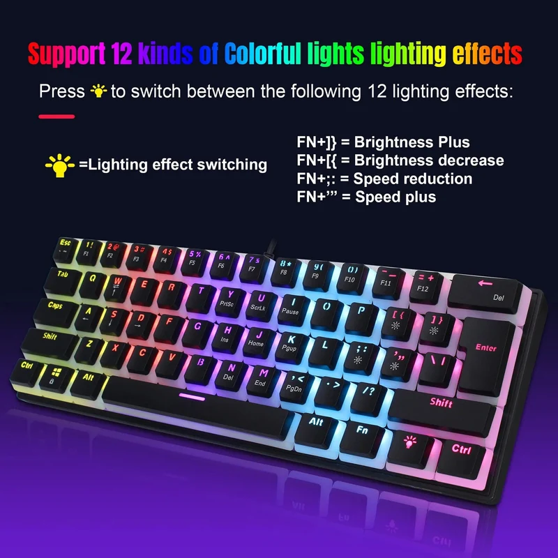 60 % kabelgebundene Gaming-Tastatur, ultrakompakte Mini-Tastatur mit RGB-Hintergrundbeleuchtung, wasserdichte kleine kompakte 61-Tasten-Tastatur für PC/Mac-Gamer