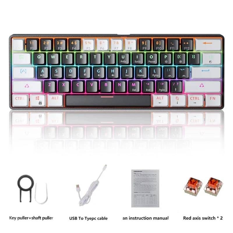 MUCAI MK61 Mechanische USB-Gaming-Tastatur, roter Schalter, RGB-Hintergrundbeleuchtung, Hot-Swap-fähig, 61 Tasten, verkabelt, abnehmbares Kabel