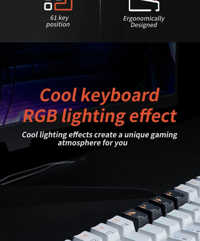 MUCAI MK61 Mechanische USB-Gaming-Tastatur, roter Schalter, RGB-Hintergrundbeleuchtung, Hot-Swap-fähig, 61 Tasten, verkabelt, abnehmbares Kabel