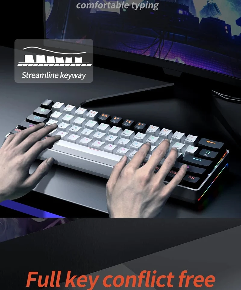 MUCAI MK61 Mechanische USB-Gaming-Tastatur, roter Schalter, RGB-Hintergrundbeleuchtung, Hot-Swap-fähig, 61 Tasten, verkabelt, abnehmbares Kabel