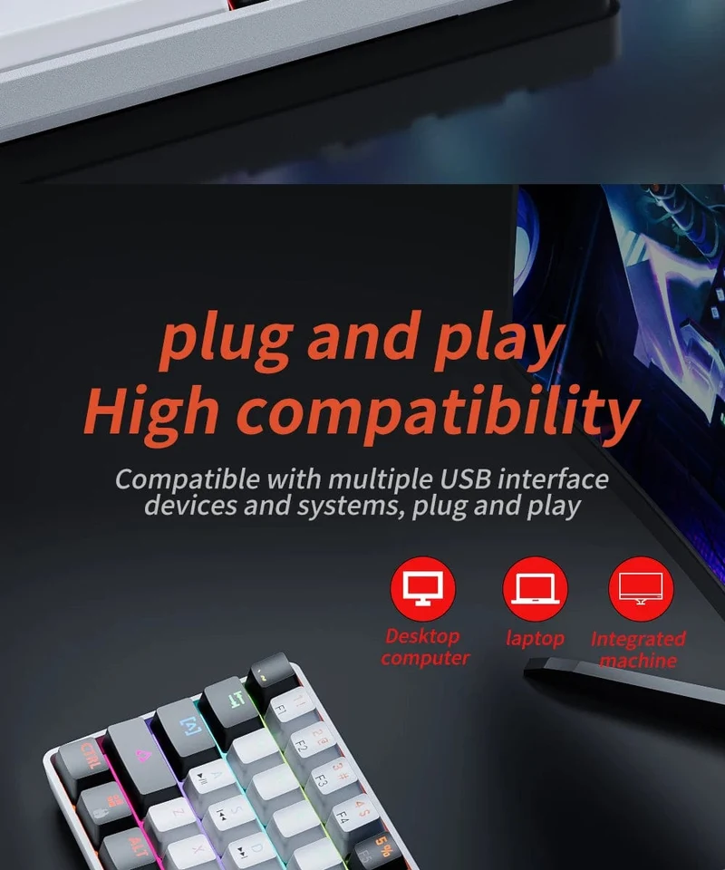 MUCAI MK61 Mechanische USB-Gaming-Tastatur, roter Schalter, RGB-Hintergrundbeleuchtung, Hot-Swap-fähig, 61 Tasten, verkabelt, abnehmbares Kabel
