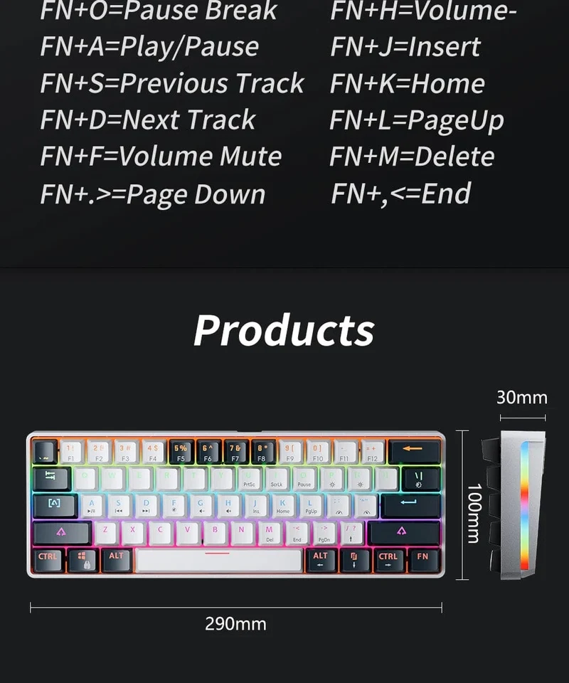 MUCAI MK61 Mechanische USB-Gaming-Tastatur, roter Schalter, RGB-Hintergrundbeleuchtung, Hot-Swap-fähig, 61 Tasten, verkabelt, abnehmbares Kabel