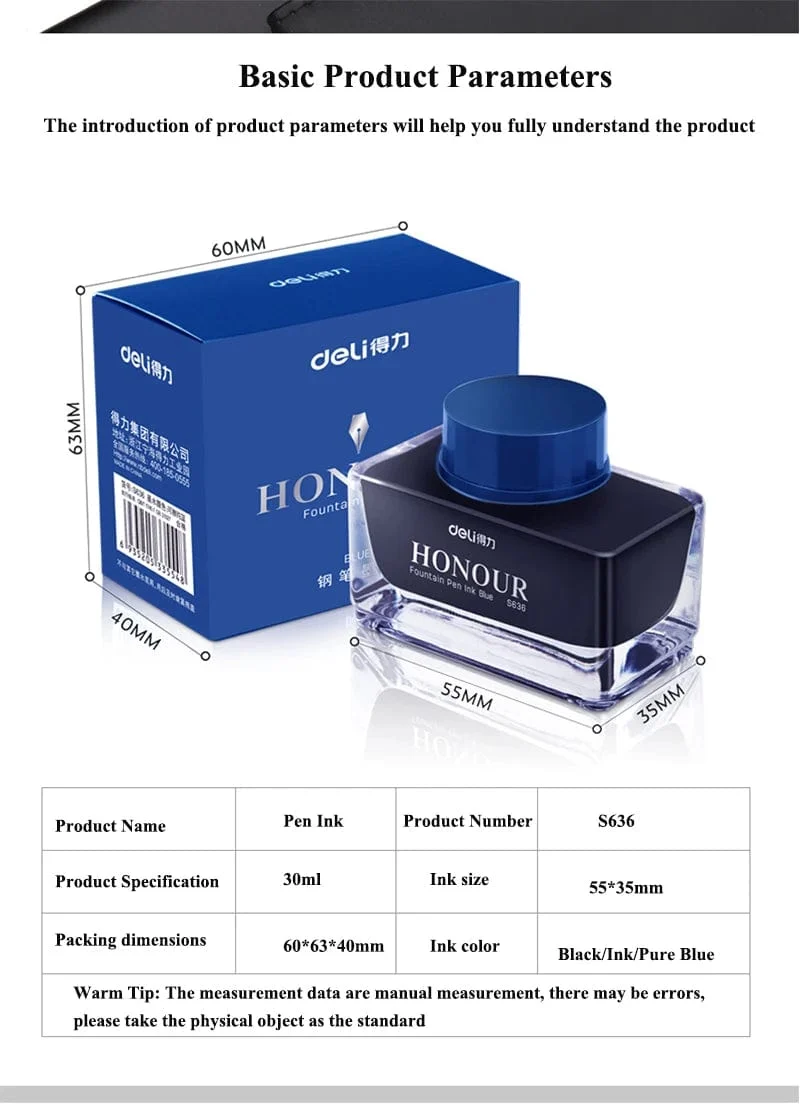 Deli S636 S635 Füllfederhaltertinte 30 ml 50 ml Flasche Schwarz Blau Stifttinte SchwarzBlau Rot Tinte Dunkelblau Tinte Großhandel Tintenflasche