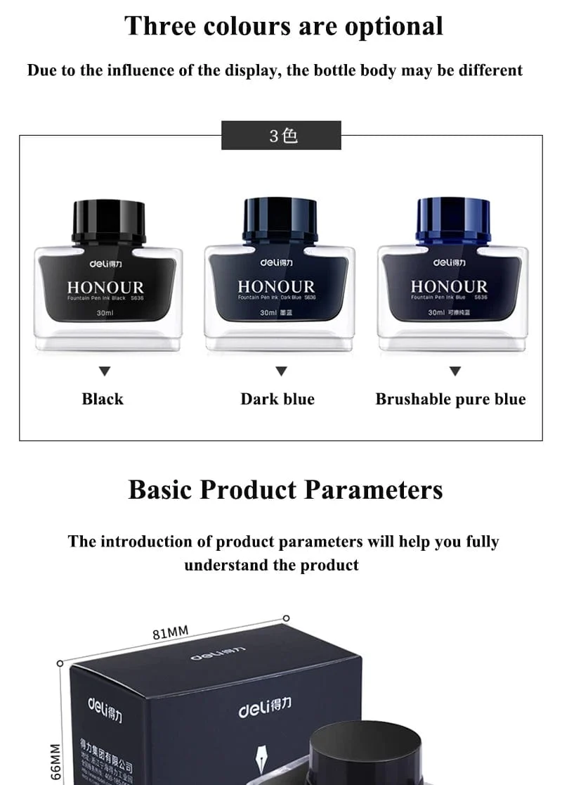 Deli S636 S635 Füllfederhaltertinte 30 ml 50 ml Flasche Schwarz Blau Stifttinte SchwarzBlau Rot Tinte Dunkelblau Tinte Großhandel Tintenflasche