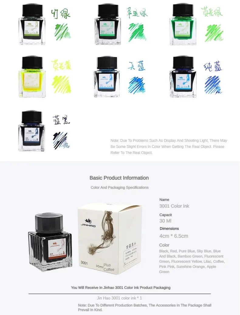 JINHAO 50 ml/30 ml Tinte in verschiedenen Farben, Tinte in Glasflaschen, Nachfüllpatrone für Füllfederhalter, Schreib- und Bürobedarf für die Schule