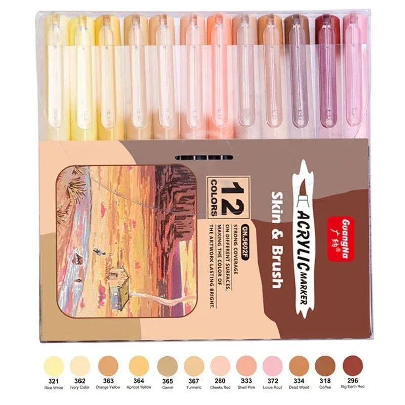 12 Farben Hautton-Markierungsstifte, Nylon-Acryl-Marker mit weichem Kopf, wasserfester Stift mit weicher Pinselspitze, Hautfarbe, Figurenmalerei, Schule