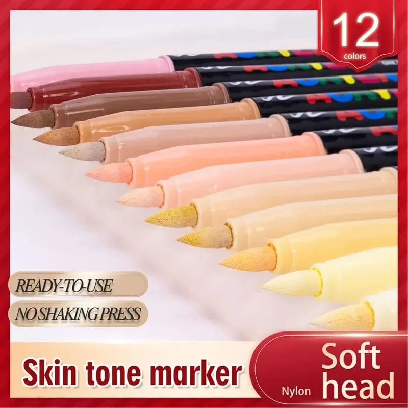 12 Farben Hautton-Markierungsstifte, Nylon-Acryl-Marker mit weichem Kopf, wasserfester Stift mit weicher Pinselspitze, Hautfarbe, Figurenmalerei, Schule
