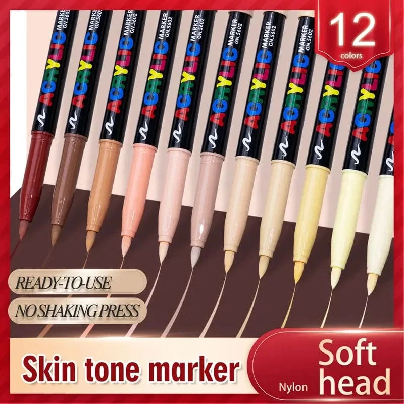 12 Farben Hautton-Markierungsstifte, Nylon-Acryl-Marker mit weichem Kopf, wasserfester Stift mit weicher Pinselspitze, Hautfarbe, Figurenmalerei, Schule
