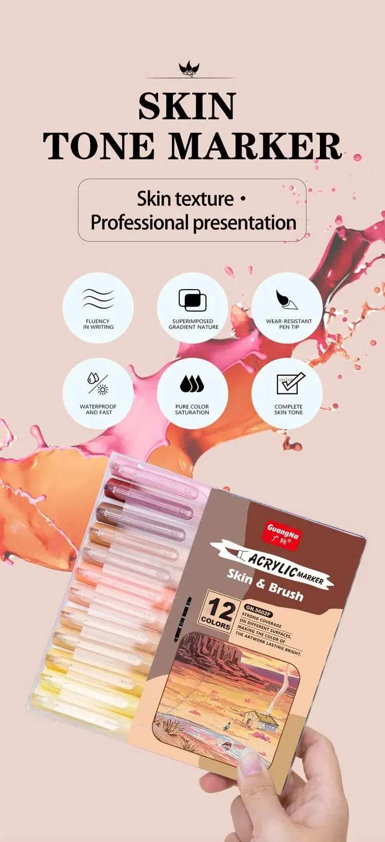 12 Farben Hautton-Markierungsstifte, Nylon-Acryl-Marker mit weichem Kopf, wasserfester Stift mit weicher Pinselspitze, Hautfarbe, Figurenmalerei, Schule