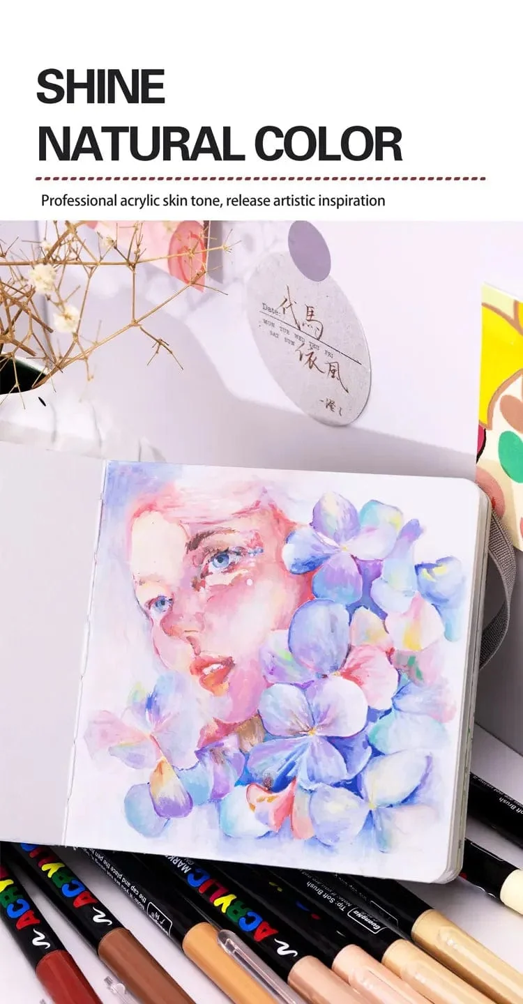 12 Farben Hautton-Markierungsstifte, Nylon-Acryl-Marker mit weichem Kopf, wasserfester Stift mit weicher Pinselspitze, Hautfarbe, Figurenmalerei, Schule