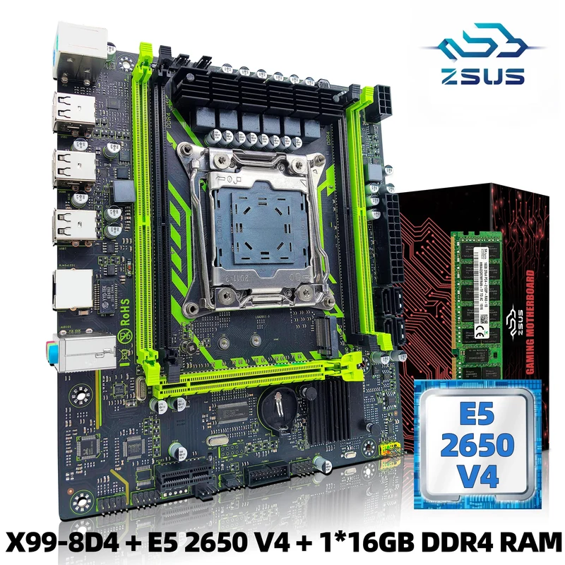 ZSUS X99-8D4 Motherboard-Set mit LGA2011-3 Xeon E5 2650 V4 CPU DDR4 16 GB (1*16 GB) 2133 MHZ RAM-Speicher NVME M.2 SATA