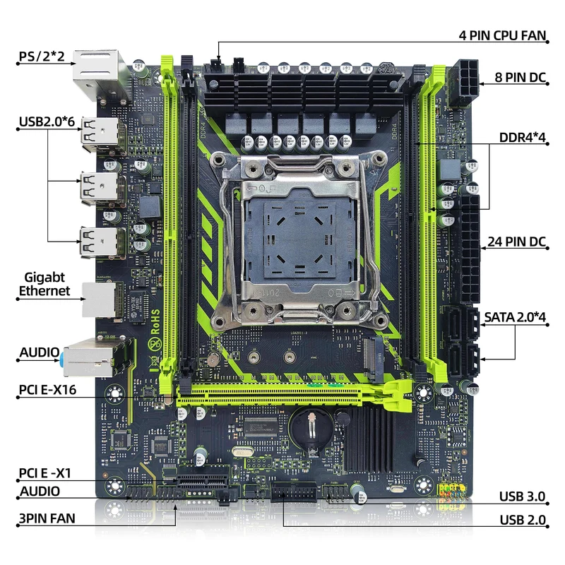 ZSUS X99-8D4 Motherboard-Set mit LGA2011-3 Xeon E5 2650 V4 CPU DDR4 16 GB (1*16 GB) 2133 MHZ RAM-Speicher NVME M.2 SATA