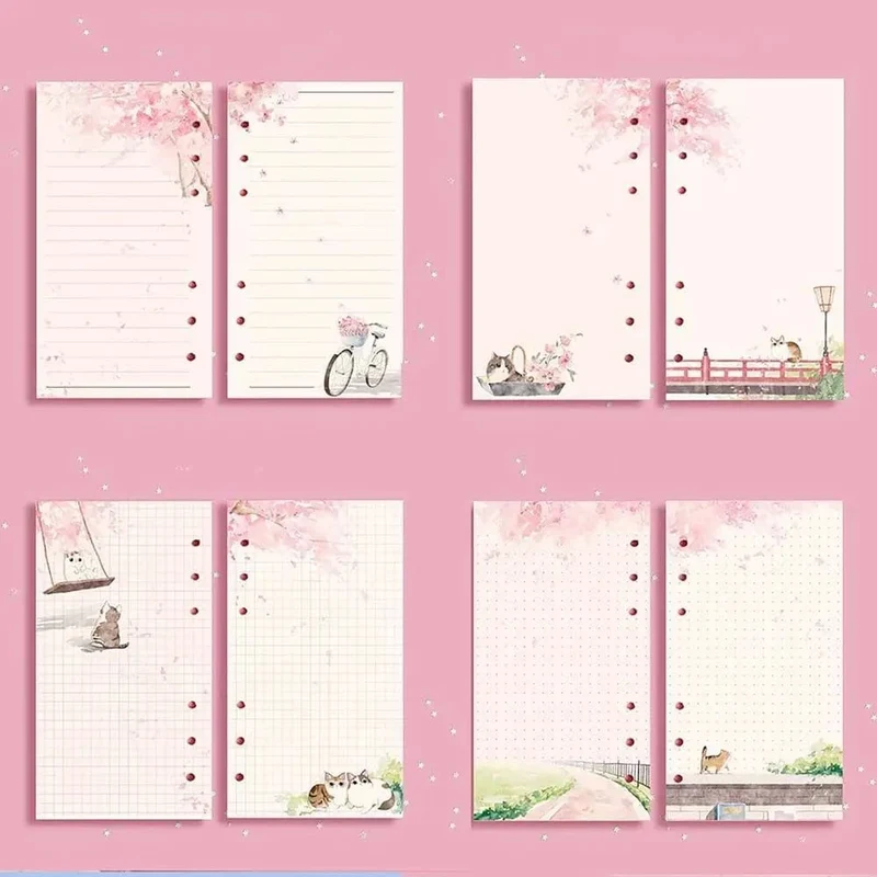 Kawaii 80 Blatt A6 Papier Nachfüllung Loseblatt-Notizbuch Nachfüllung Sakura Cat Binder Notizbuch Innenseiten Blanko Agenda Seiten