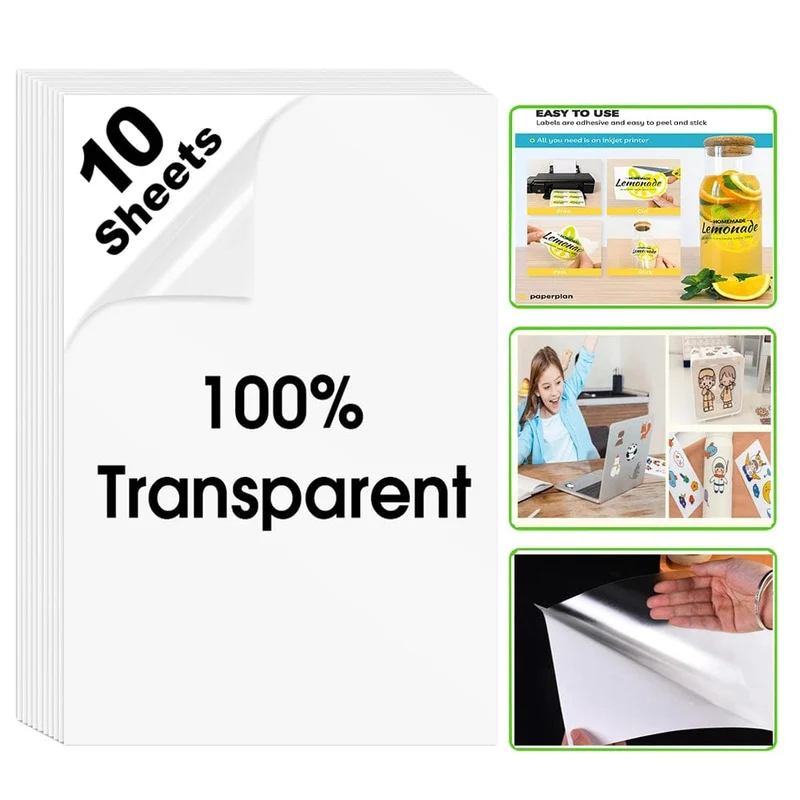 10 Blatt 100 % transparentes Vinyl-Aufkleberpapier, A4, Etikettenaufkleber für Tintenstrahldrucker, kein wasserdichtes DIY, klares, glänzendes Klebepapier