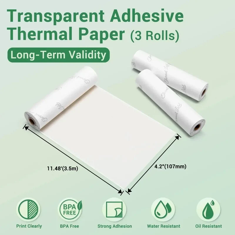 3er-Pack Phomemo selbstklebendes transparentes Thermopapier, klares selbstklebendes Thermo-Aufkleberpapier für M04S/M04AS Bluetooth-Drucker, 110 mm x 3.5 m