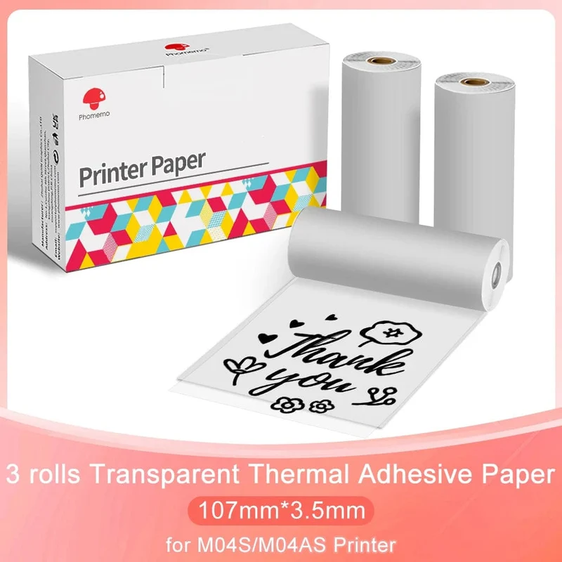 3er-Pack Phomemo selbstklebendes transparentes Thermopapier, klares selbstklebendes Thermo-Aufkleberpapier für M04S/M04AS Bluetooth-Drucker, 110 mm x 3.5 m