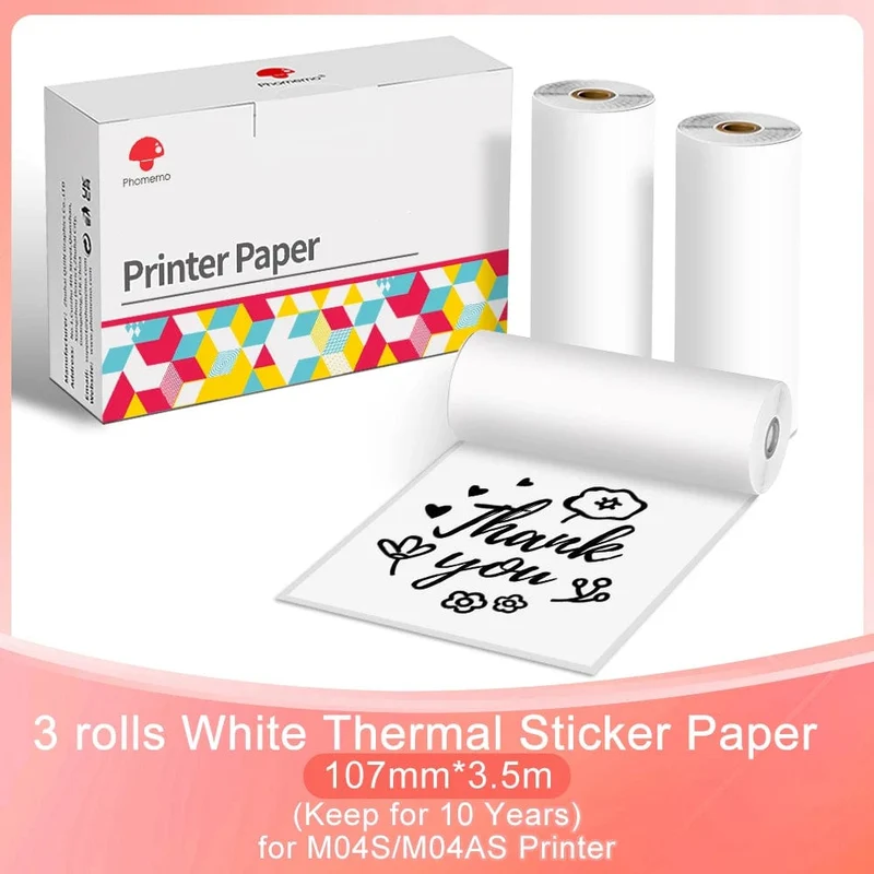 3er-Pack Phomemo selbstklebendes transparentes Thermopapier, klares selbstklebendes Thermo-Aufkleberpapier für M04S/M04AS Bluetooth-Drucker, 110 mm x 3.5 m